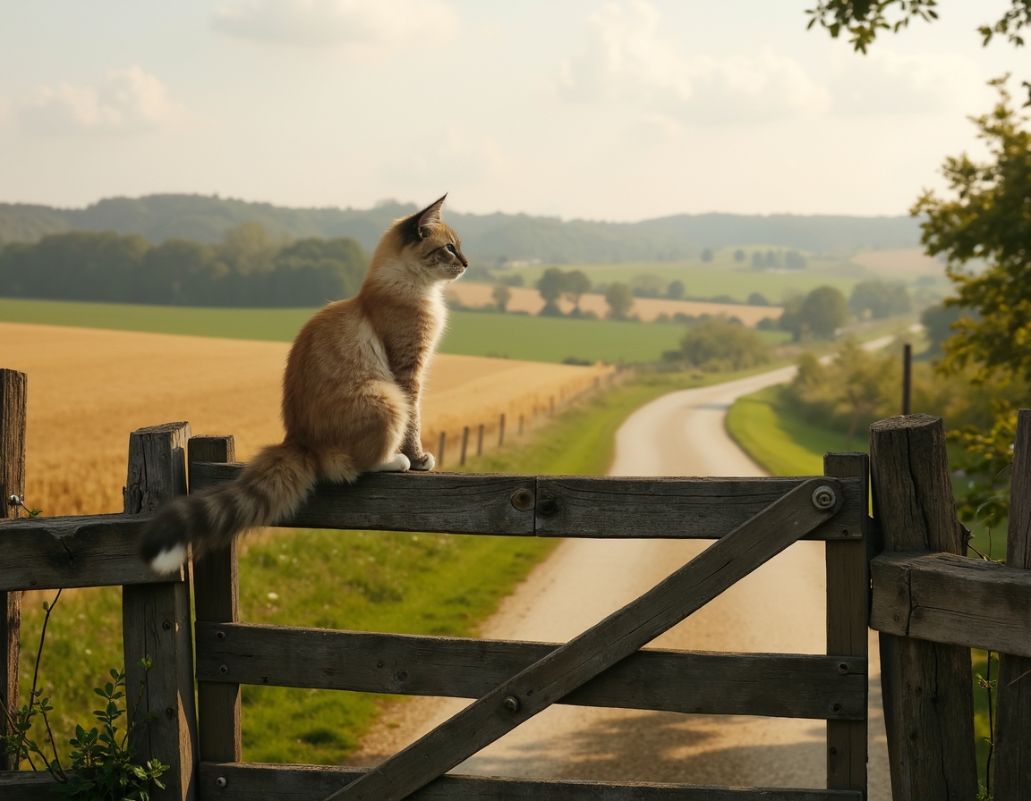 Cat gazes at the quiet beauty of a country road, framed by a weathered wooden gate.